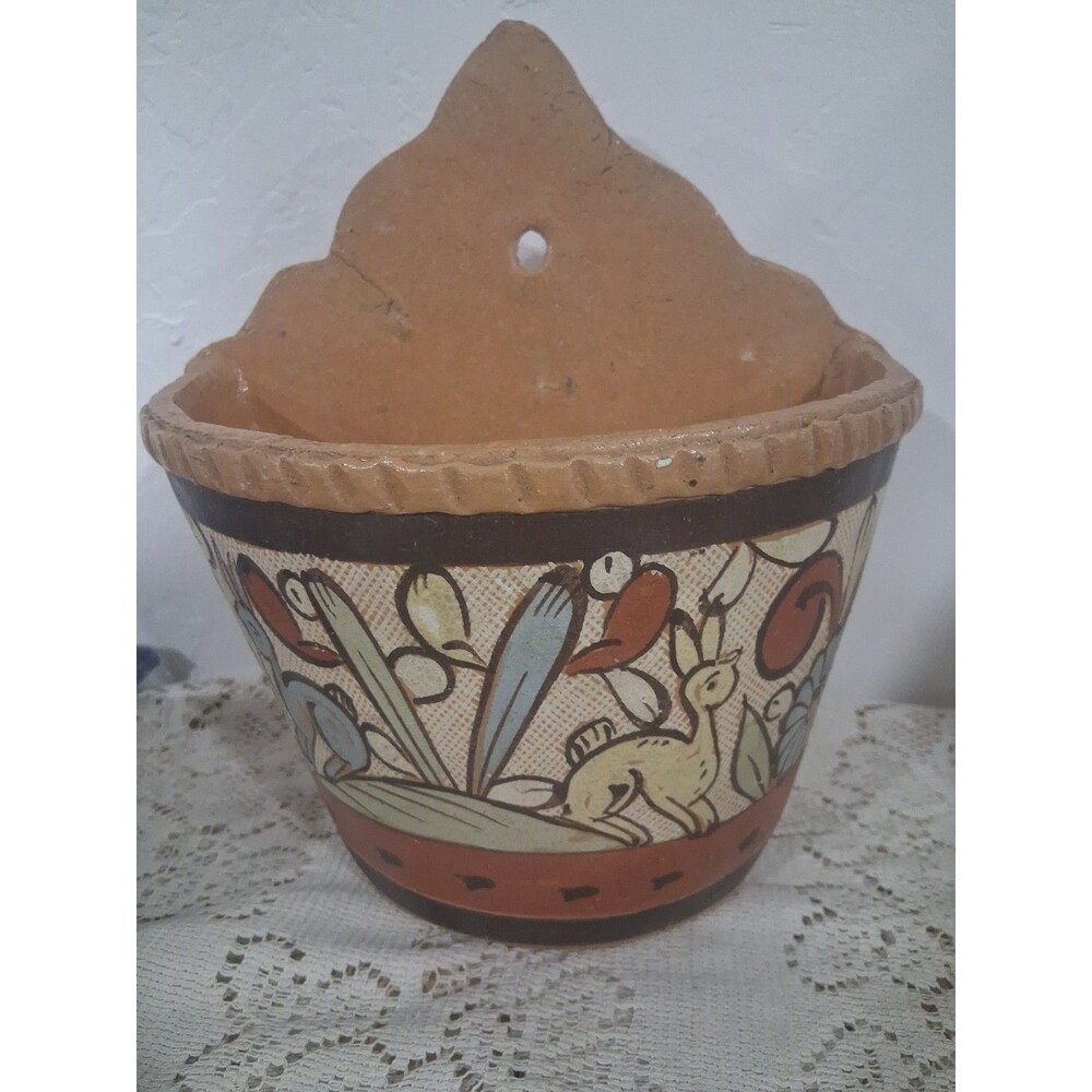 Vtg Mexican Folk Art Pottery Wallpocket Hanging Plant Pot Bunny Rabbits